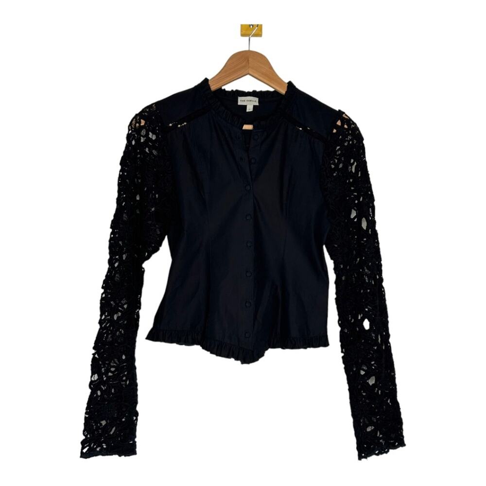 The Odells Black Button Front Crochet Sleeve Blouse Small
